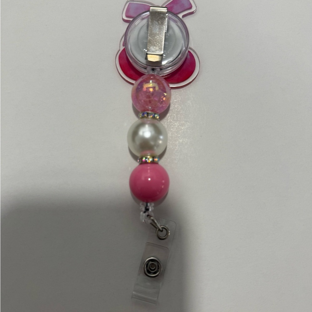 Pink Cherry Beaded Badge Reel Retractable ID Holder – Handmade - Picture 2 of 3